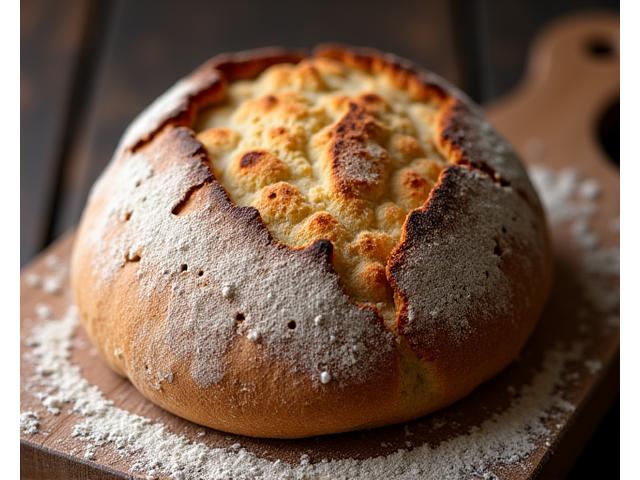 A perfectly baked golden-brown artisan sourdough loaf with a rustic crust.