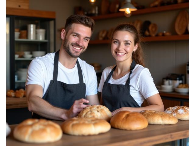 A warm and inviting photo of two bakers or cafe staff happily working behind a counter filled with fresh pastries.