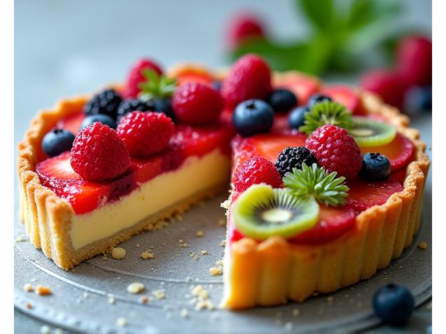 A vibrant and colorful seasonal fruit tart, with fresh berries and kiwi atop a creamy filling.