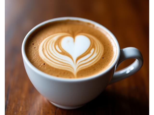A beautifully poured latte with intricate latte art on top, in a ceramic mug.